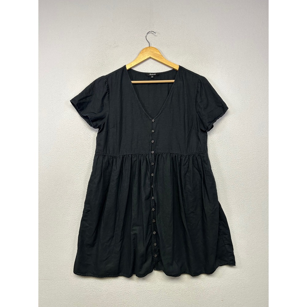 Lagenlook Madewell Womens Medium Black Linen Blend Button Front Babydoll Dress